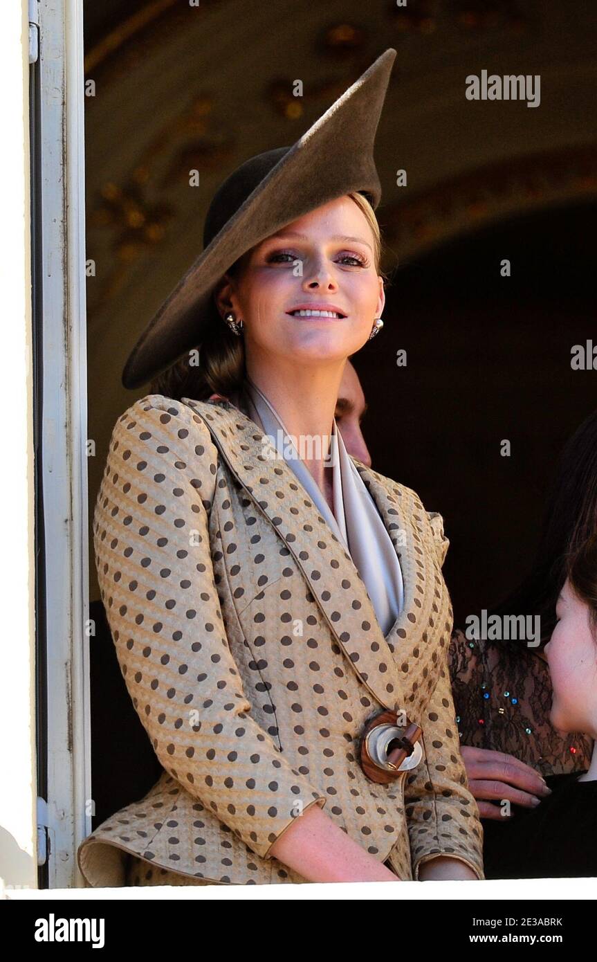 Charlene Wittstock (wearing Armani Prive Fall-Winter 2010/2011) attending, from the Palace's balcony, the standard release ceremony and military parade on palace square in Monaco as part of National's day ceremonies in Monaco on November 19, 2010. Photo by Frederic Nebinger/ABACAPRESS.COM Stock Photo