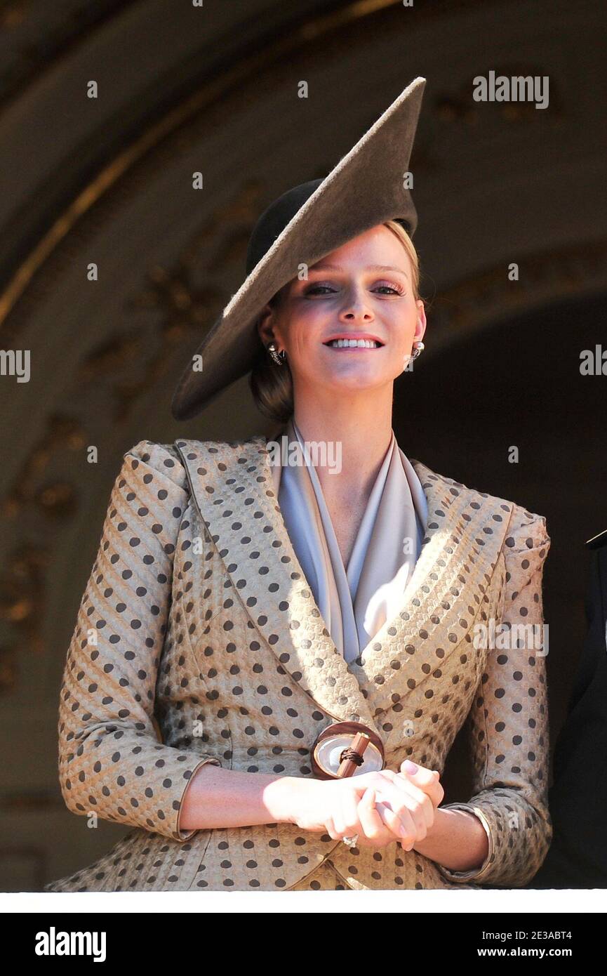 Charlene Wittstock (wearing Armani Prive Fall-Winter 2010/2011) attending, from the Palace's balcony, the standard release ceremony and military parade on palace square in Monaco as part of National's day ceremonies in Monaco on November 19, 2010. Photo by Frederic Nebinger/ABACAPRESS.COM Stock Photo