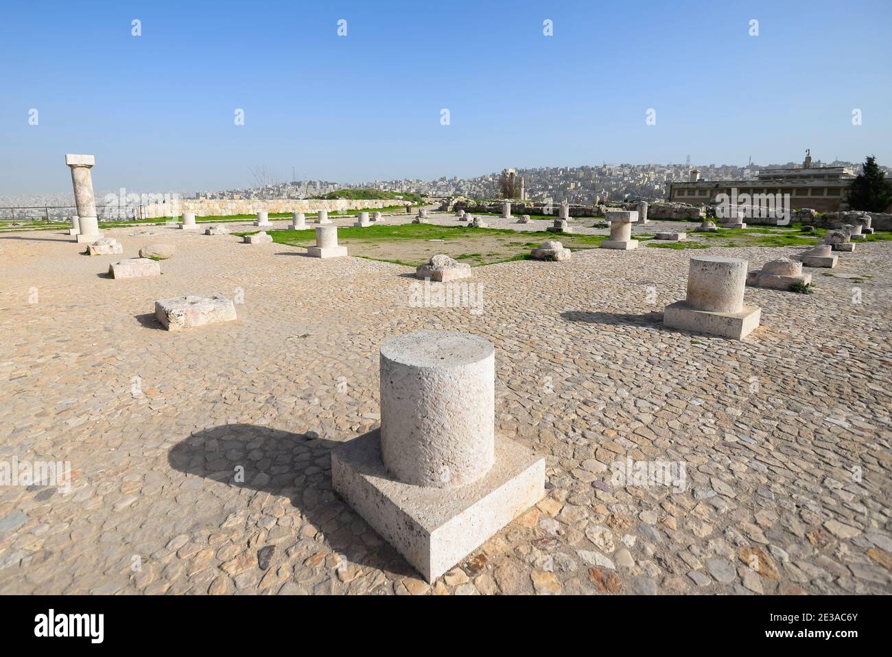 Remains of Umayyad Mosque in Amman Citadel, Jordan. Ancient columns in the Citadel of Amman in the Middle east. Stock Photo