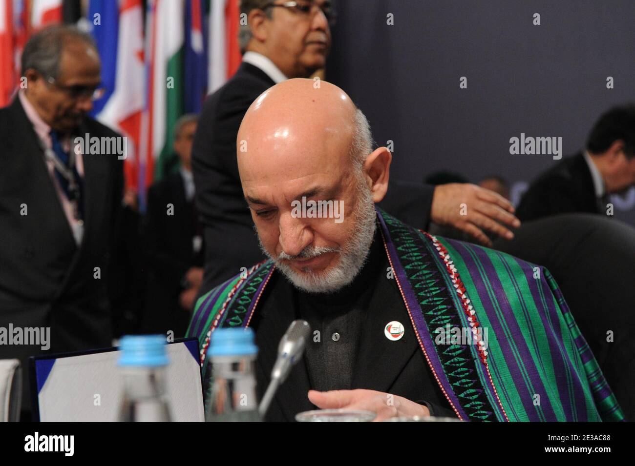 Afghan President Hamid Karzai is seen at the NATO Summit in Lisbon, Portugal, on November 20, 2010. Hand out Photo by Nids/NATO Media Library/ABACAPRESS.COM Stock Photo