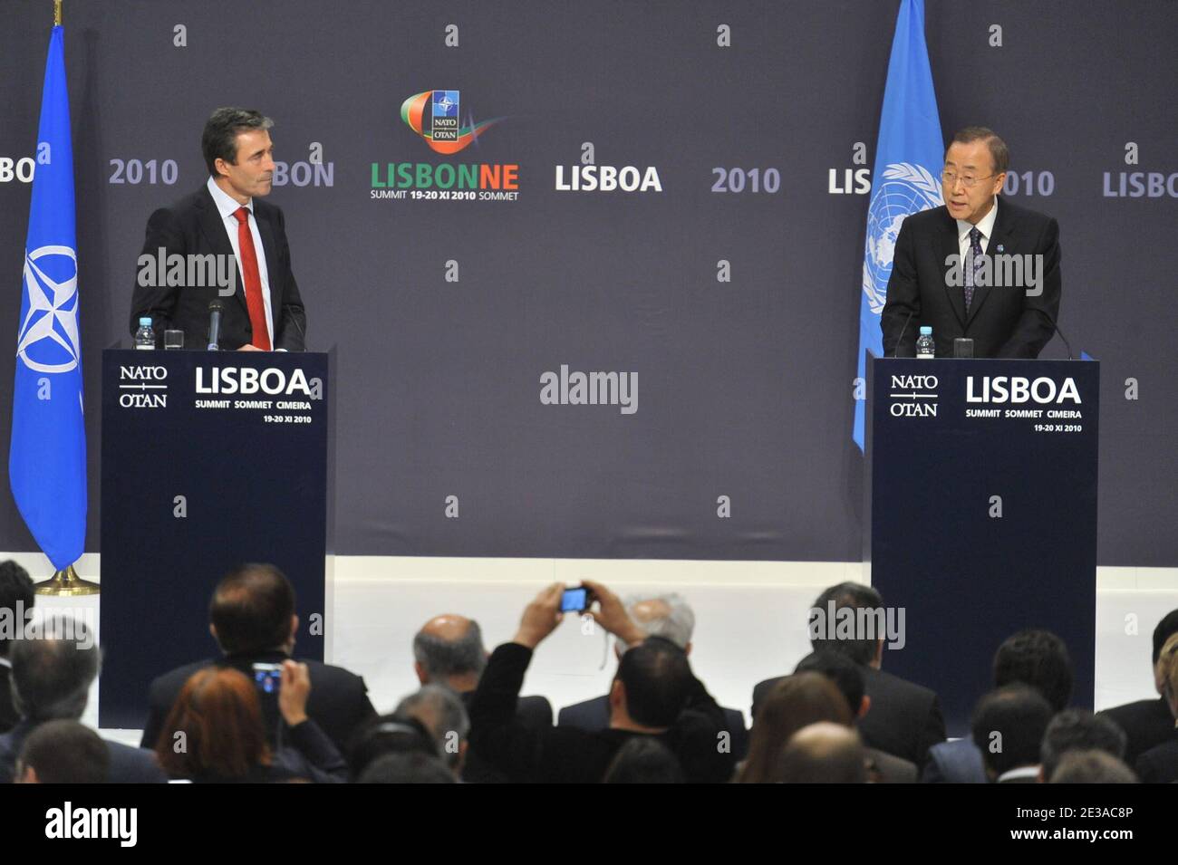 NATO Secretary General Anders Fogh Rasmussen (R) and UN Secretary-General Ban Ki-moon (R) with Afghanistan's President Hamid Karzai (unseen) attend the Joint Press Conference during NATO Summit in Lisbon, Portugal, on November 20, 2010. Hand out Photo by Nids/NATO Media Library/ABACAPRESS.COM Stock Photo