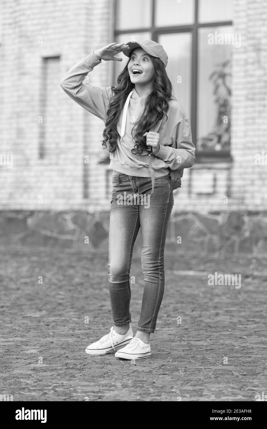 Seek adventure that opens your mind. Happy baby look into distance ...