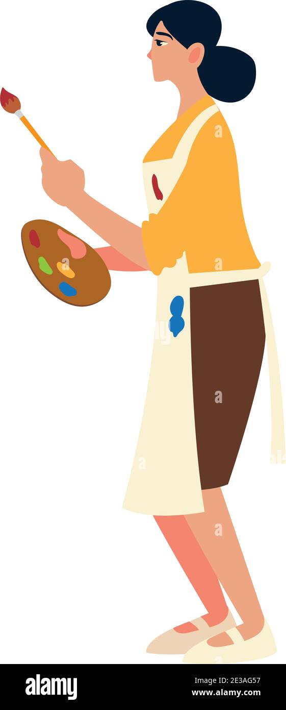 paint class art, artist female painter in apron with paintbrush and ...