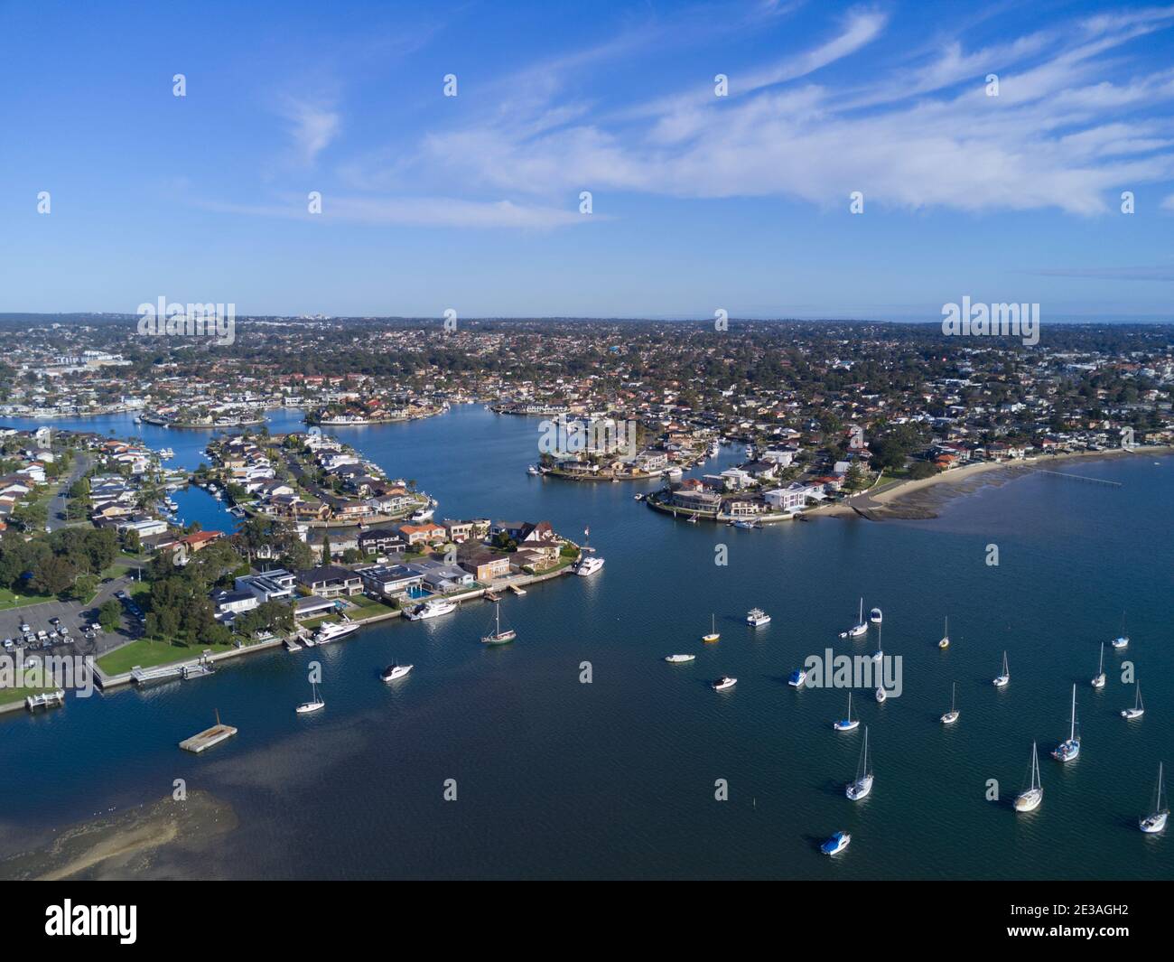 Aerial of luxury waterfront house on the River Sylvania Waters