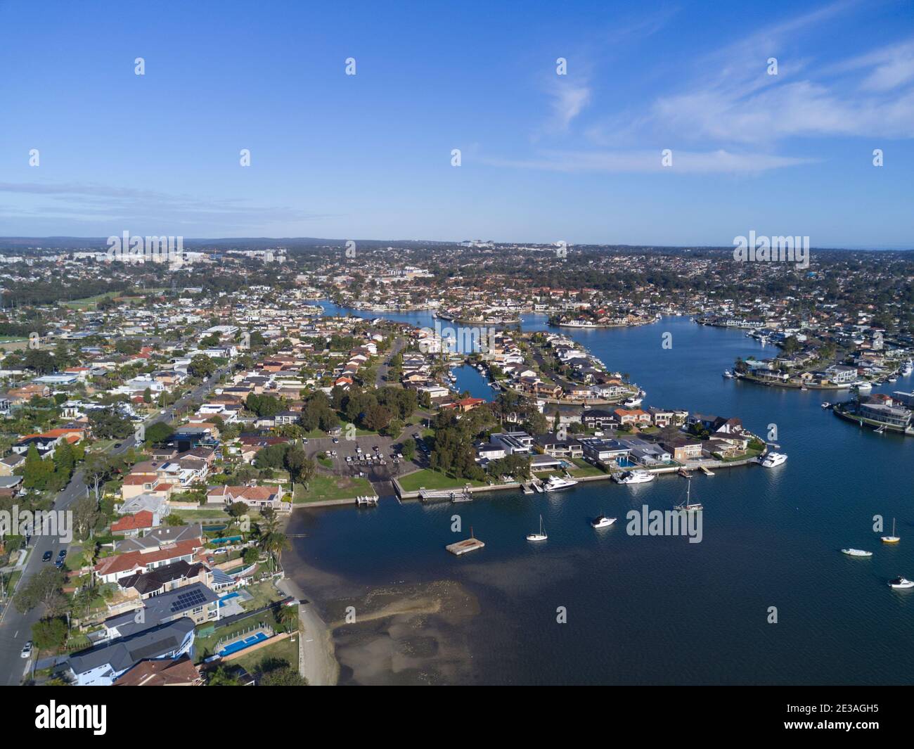Aerial of luxury waterfront house on the River Sylvania Waters