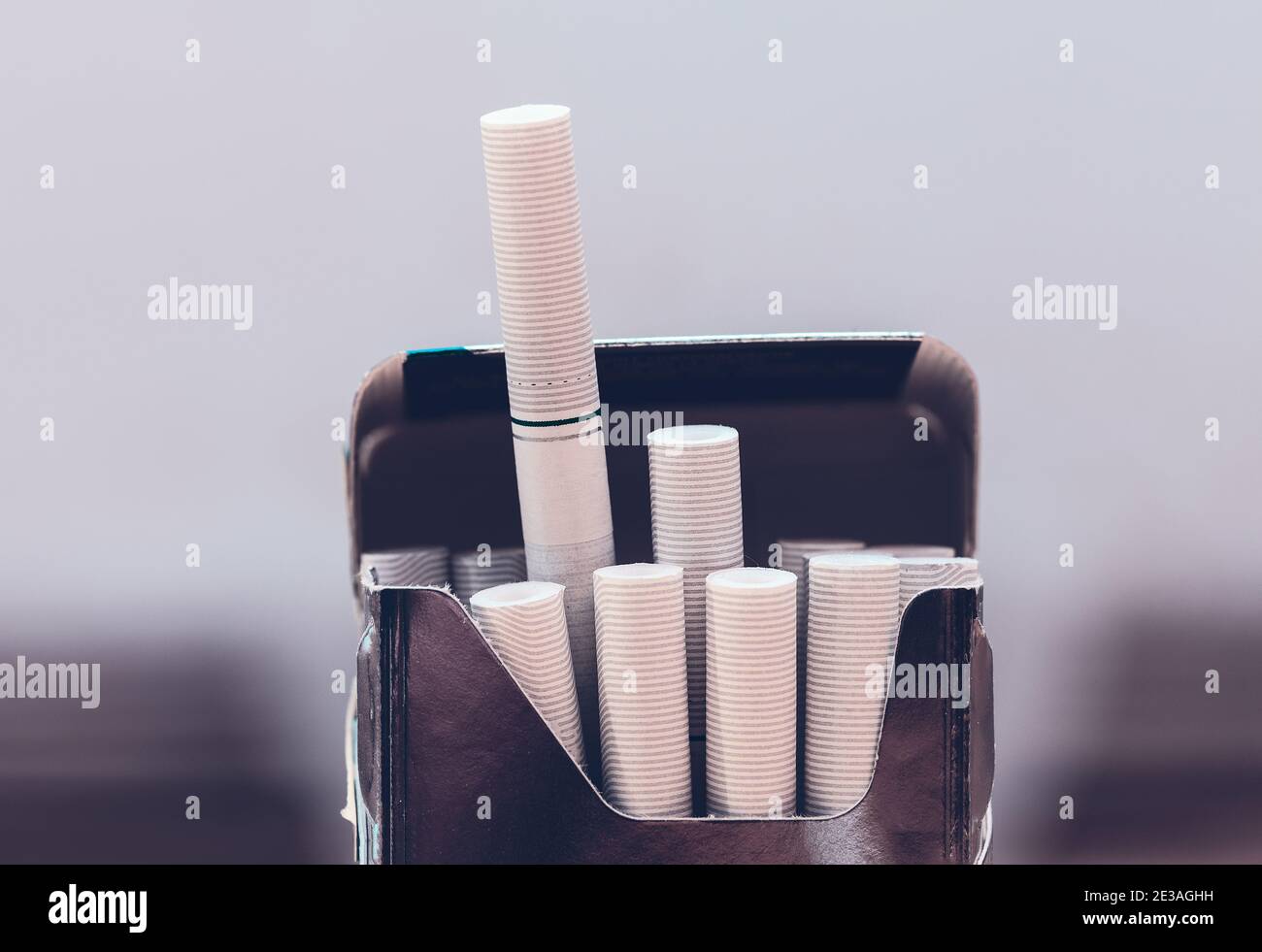 Typical Cigarette Paper Box. Pernicious habits Stock Photo