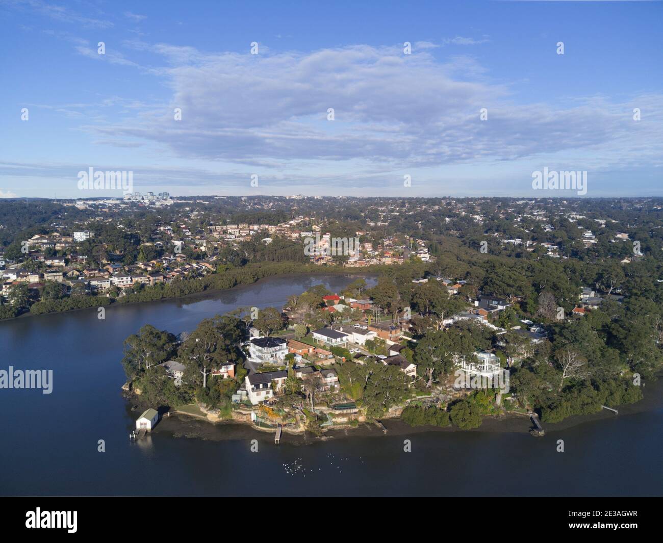 Aerial of luxury waterfront houses on the River at Oyster Bay Sutherland Shire Sydney