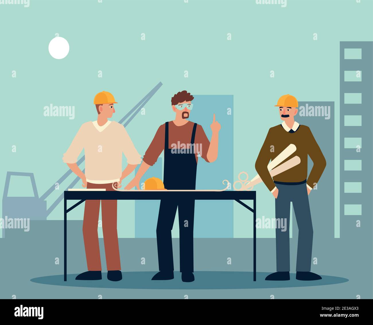 builder and architects male in the construction place with blueprints ...