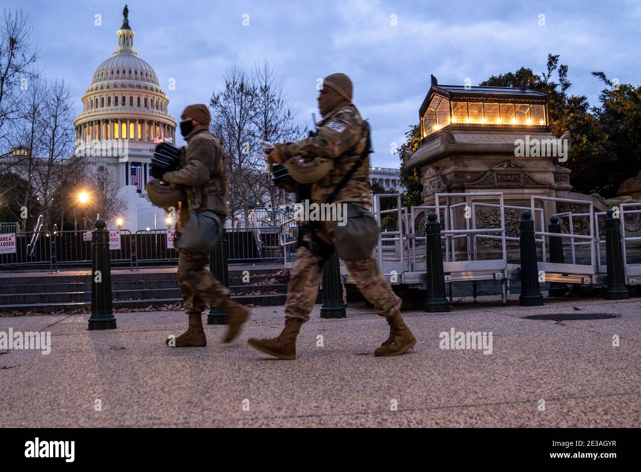 Washington, United States. 17th Jan, 2021. National Guard troops secure the Nation's Capital ahead of the upcoming inauguration for President Joe Biden at the U.S. Capitol in Washington, DC on Sunday, January 17, 2021. Security is extra tight since Jan 6, when pro-Trump MAGA mobs breached the security perimeter and penetrated the U.S. Capitol. Photo by Ken Cedeno/UPI. Credit: UPI/Alamy Live News Stock Photo