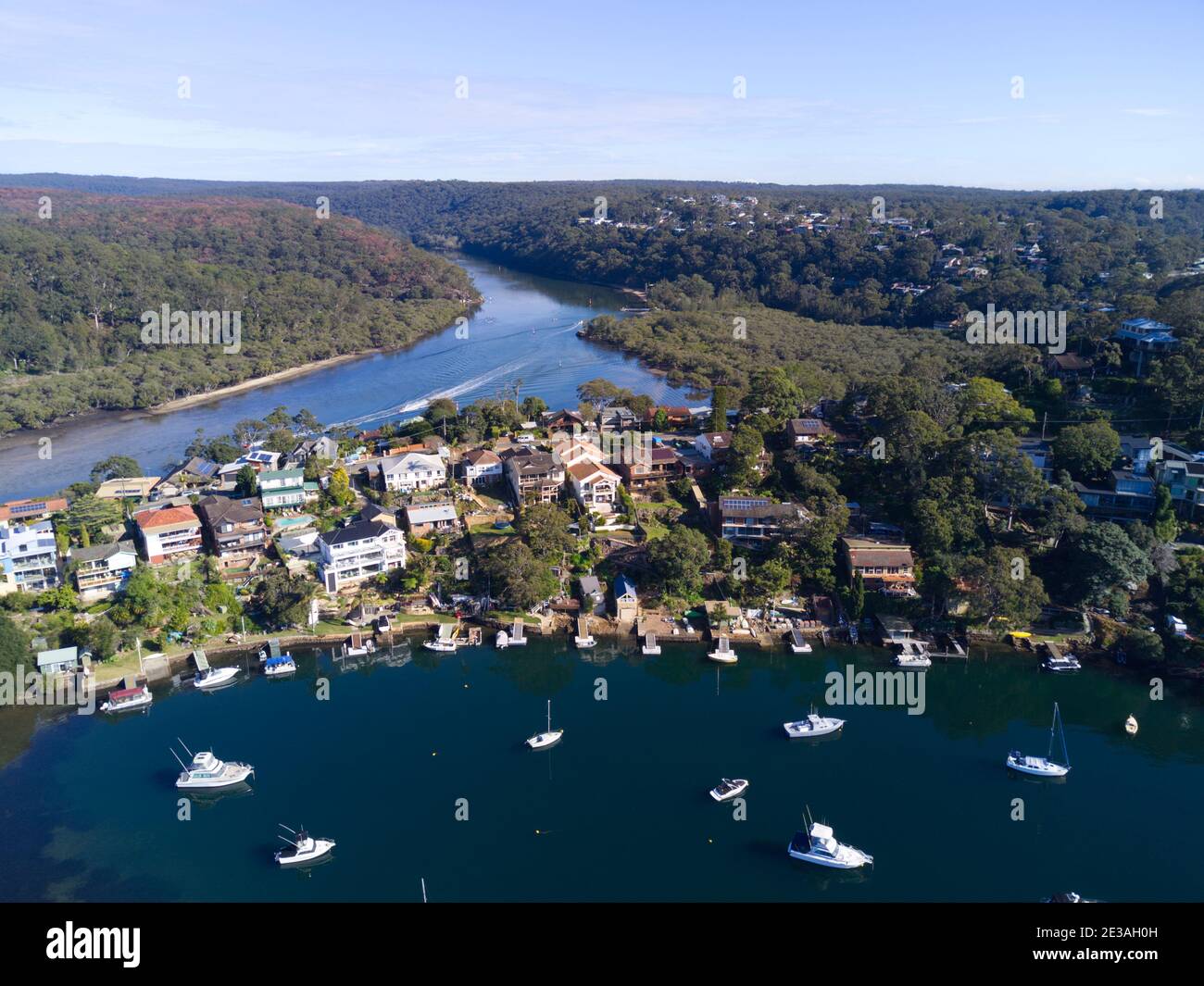 Aerial of luxury waterfront houses with private jetties on Port Hacking at Grays Point Sutherland Shire Sydney Australia Stock Photo