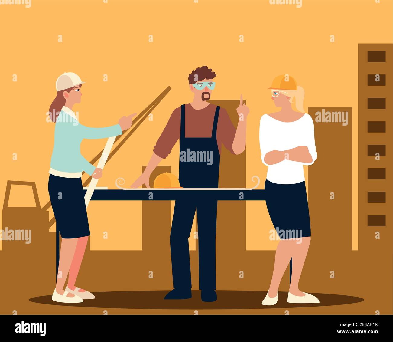 builder and female architects with blueprint on table in construction ...