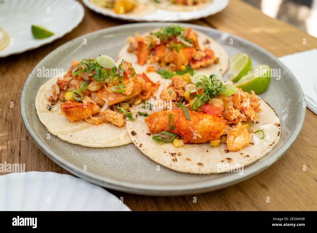 Lobster Tacos with flour tortilla on a plate Stock Photo