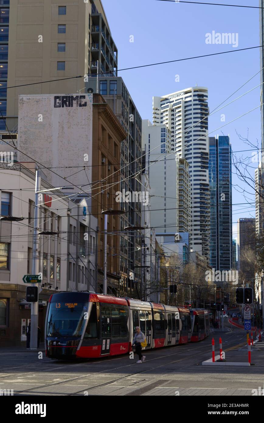 The Sydney Light Rail public transport system operating along George Street in theCBD of Sydney Australia Stock Photo