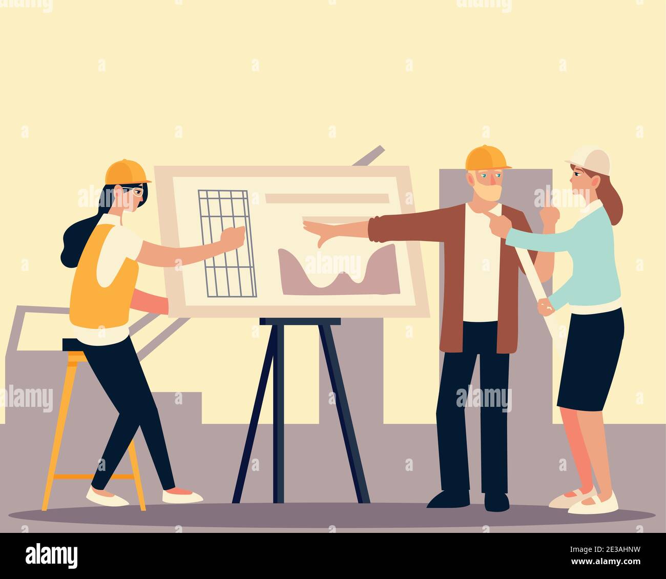 builders and architects, builder man and women with blueprint working ...