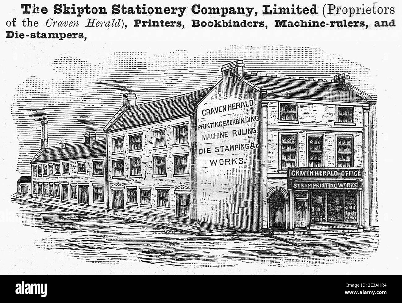 THE SKIPTON STATIONERY COMPANY, LIMITED (PROPRIETORS OF THE “CRAVEN HERALD”), PRINTERS, BOOKBINDERS, MACHINE-RULERS, AND DIE-STAMPERS, 38 HIGH STREET, SKIPTON, Yorkshire, UK. An etching, engraving or lithograph from the Victorian Era. Stock Photo