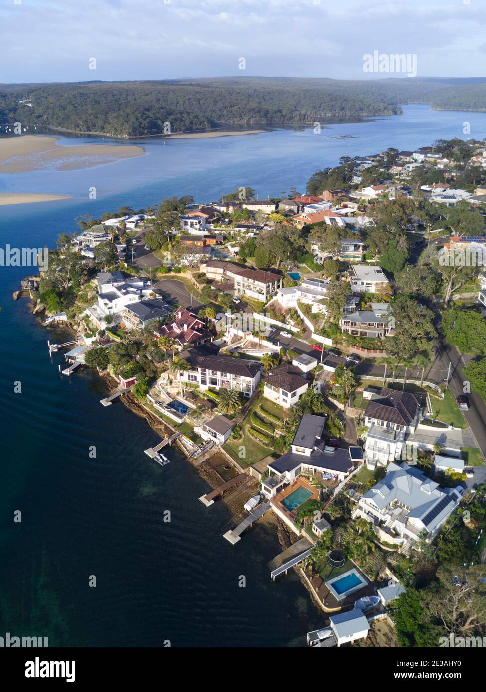 Aerial of the waterfront houses lining the shores of Burraneer Bay in the Sutherland Shire of Aerial of the waterfront houses lining the shores of Burraneer Bay in the Sutherland Shire of