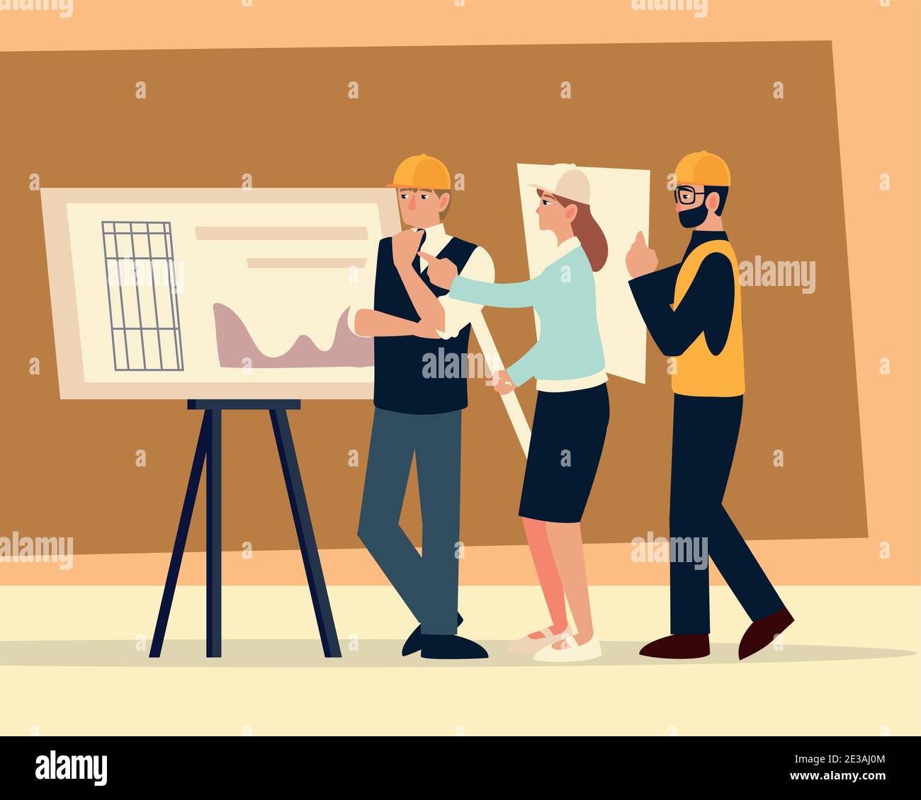 builders and architects, workers with blueprint in meeting office ...