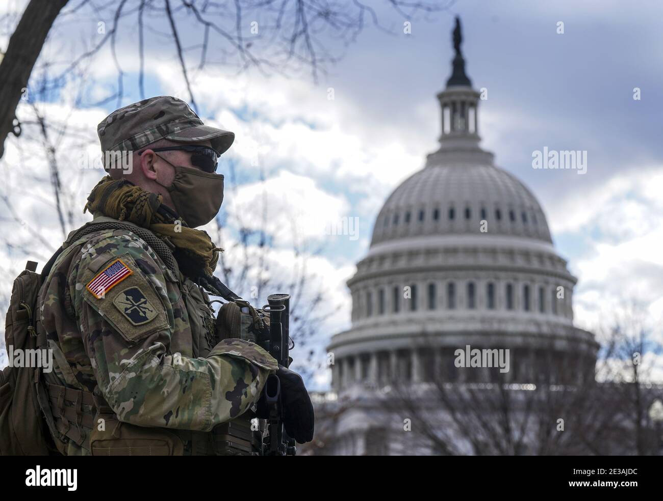 Washington, United States. 17th Jan, 2021. Members of the United Statees National Guard stand watch at the U.S. Capitol on Sunday, January 17, 2021 in Washington, DC As preparations for President-Elect Joe Biden's inauguration is underway, approximately 25,000 troops guard the area after far-right rioters breached the U.S. Capitol on January 6. Photo by Leigh Vogel/UPI Credit: UPI/Alamy Live News Stock Photo