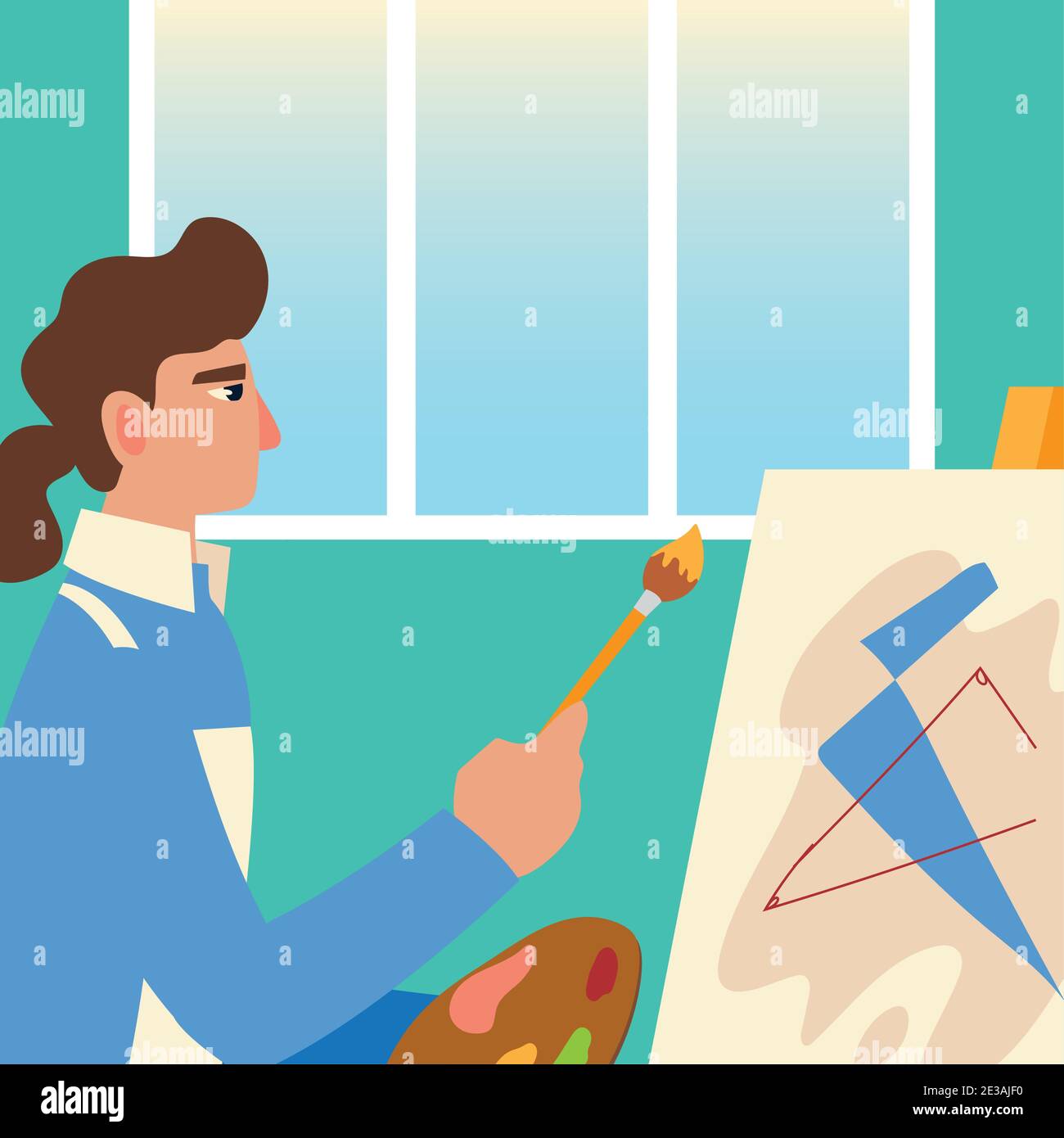 painting class, man with canvas paint abstract picture in studio Stock