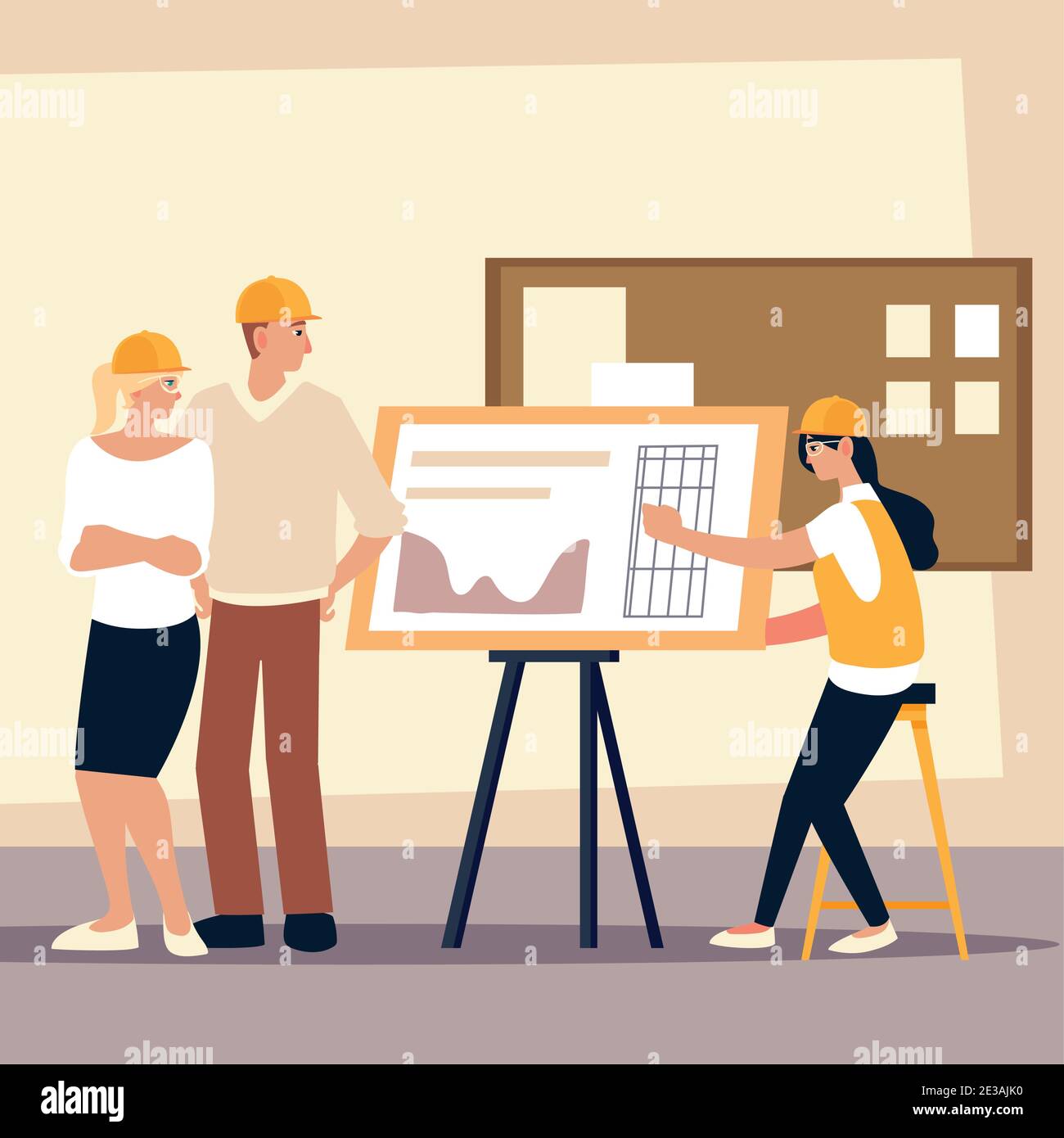 builders and architects, male and female workers with blueprint in ...