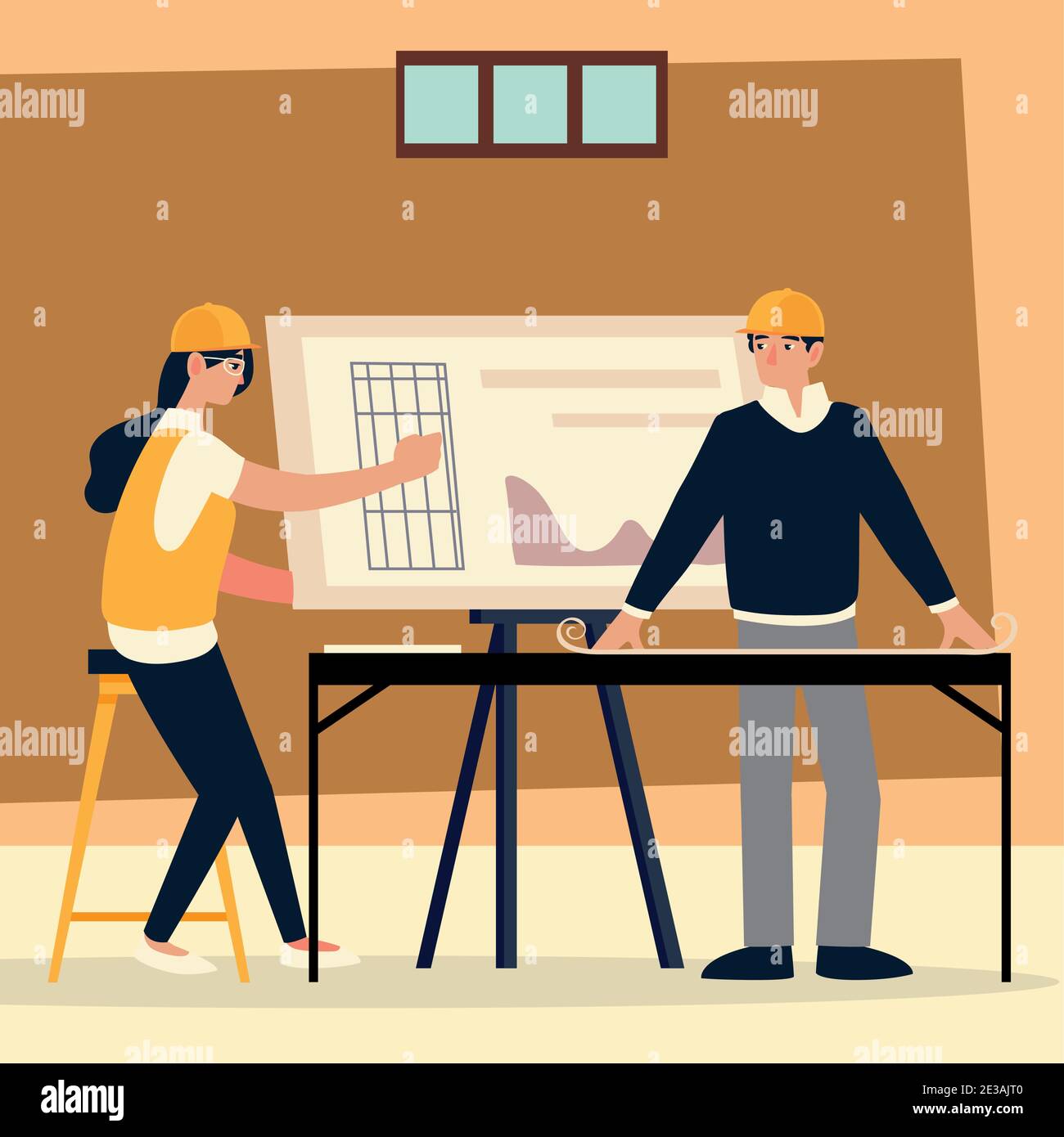 young male and female architect with blueprint on table in the office ...
