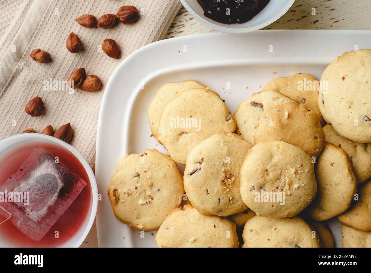 Homemade hazelnuts cookies in a plate top view baked sweet food