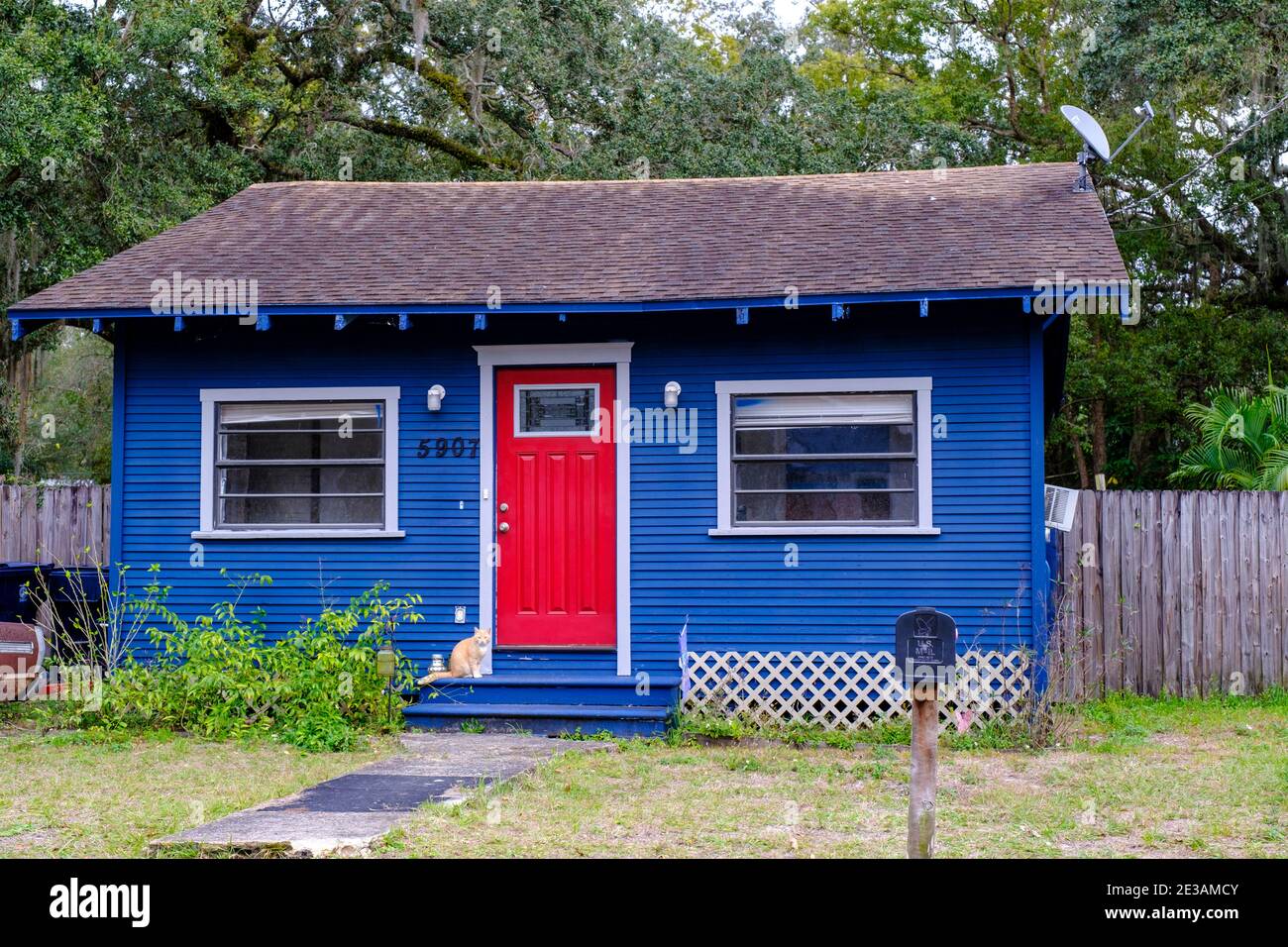 Gentrified Red and blue house - Seminole Heights Neighborhood, Tampa, Florida Stock Photo