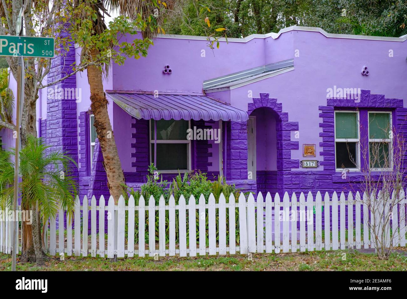 Gentrified purple house, Seminole Heights Neighborhood, Tampa, Florida Stock Photo