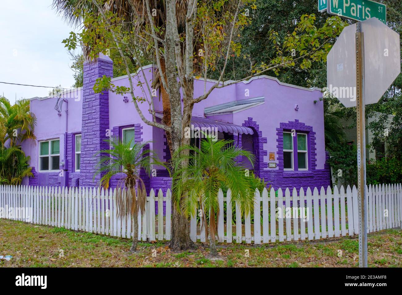 Gentrified purple house, Seminole Heights Neighborhood, Tampa, Florida Stock Photo