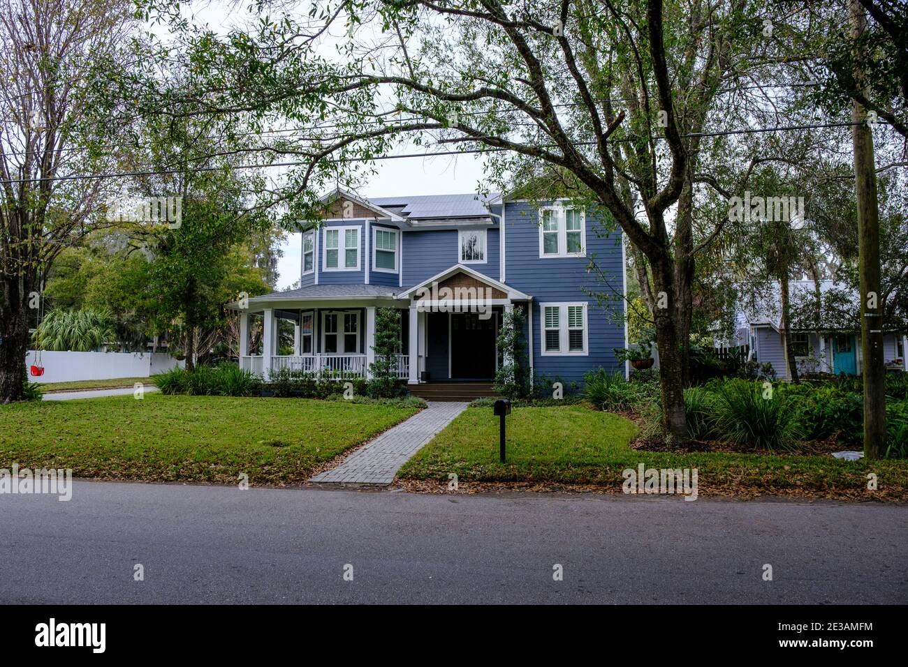 Gentrified blue house - Seminole Heights Neighborhood, Tampa, Florida Stock Photo