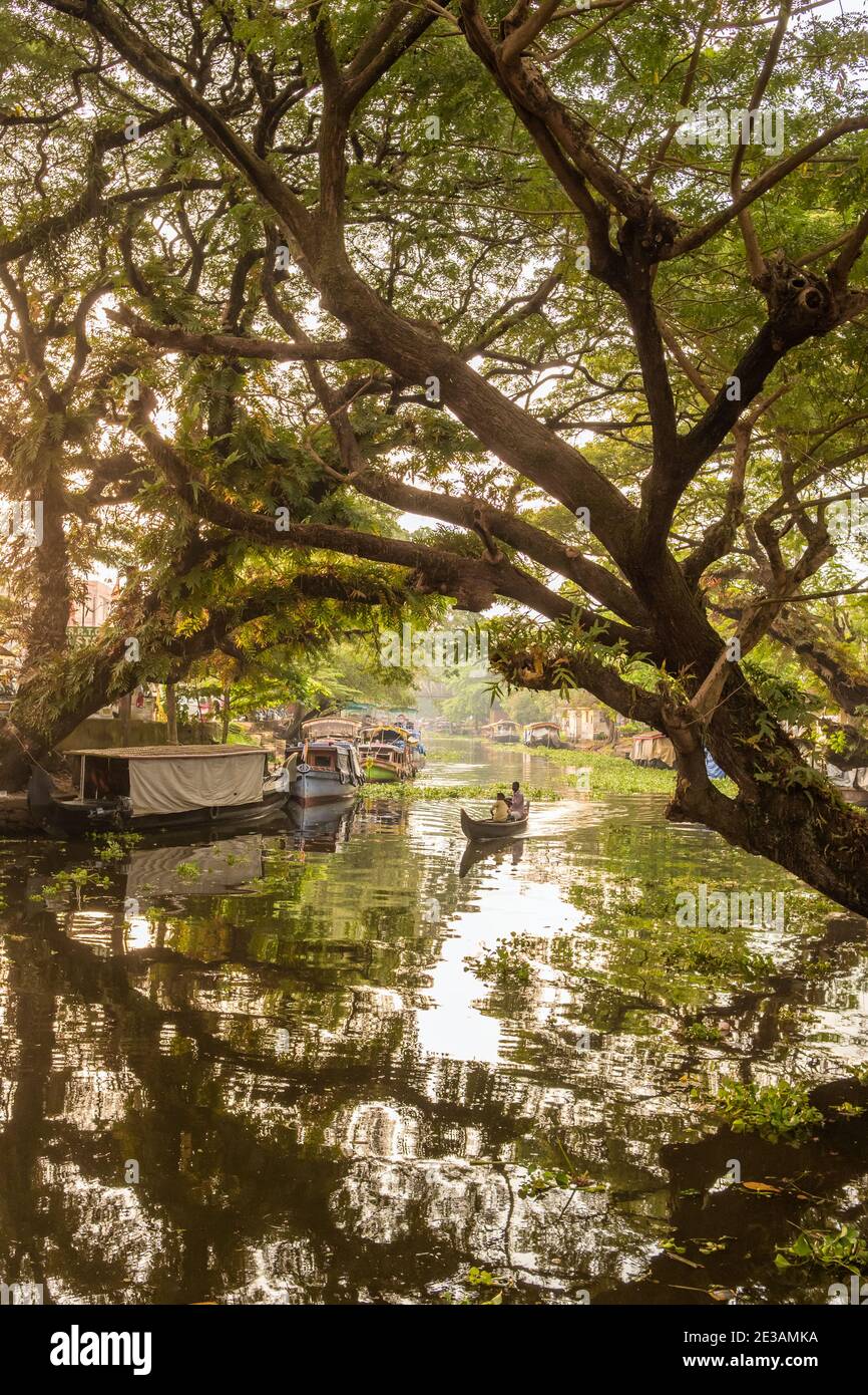Small wooden boat floating through the beautiful backwaters at sunset in Alleppey, Kerala, India Stock Photo