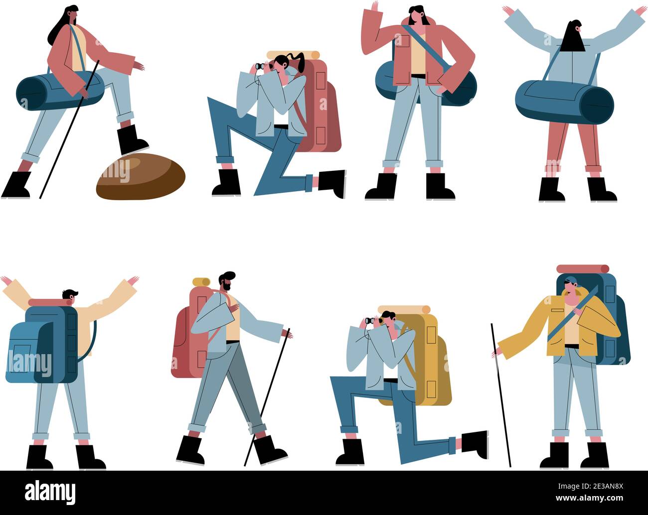 Hiker people cartoons with bags and sticks symbol set design, Explorer