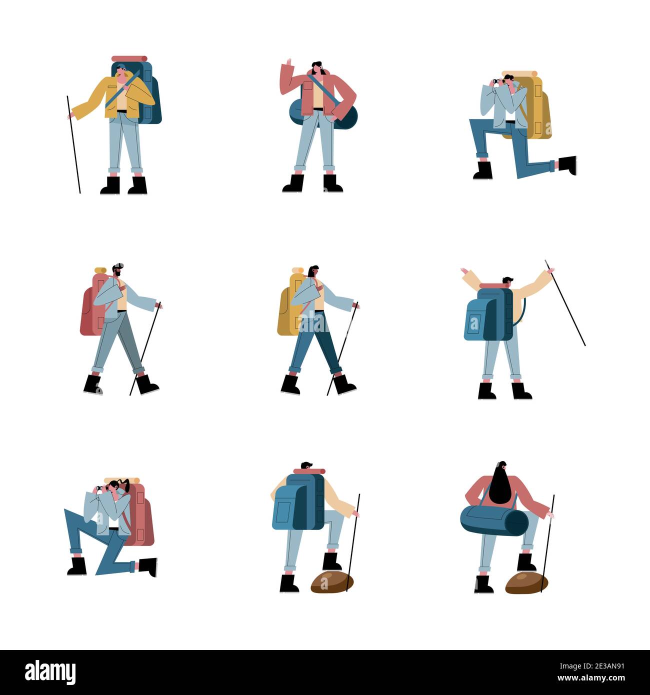 Hiker people cartoons with bags and sticks icon collection design ...