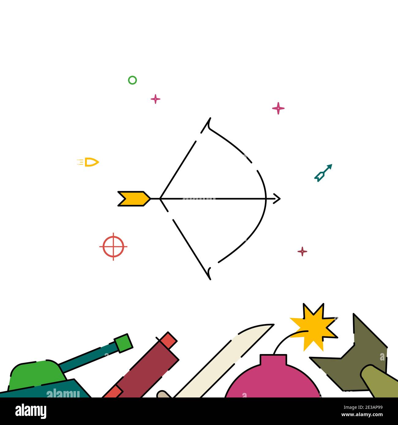 Pulled bow and arrow filled line vector icon, simple illustration, weapon related bottom border. Stock Vector