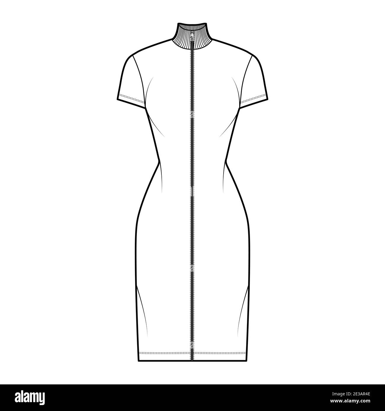 Turtleneck zip-up dress technical fashion illustration with short sleeves, knee length, fitted body, Pencil fullness. Flat apparel template front, white color. Women, men, unisex CAD mockup Stock Vector