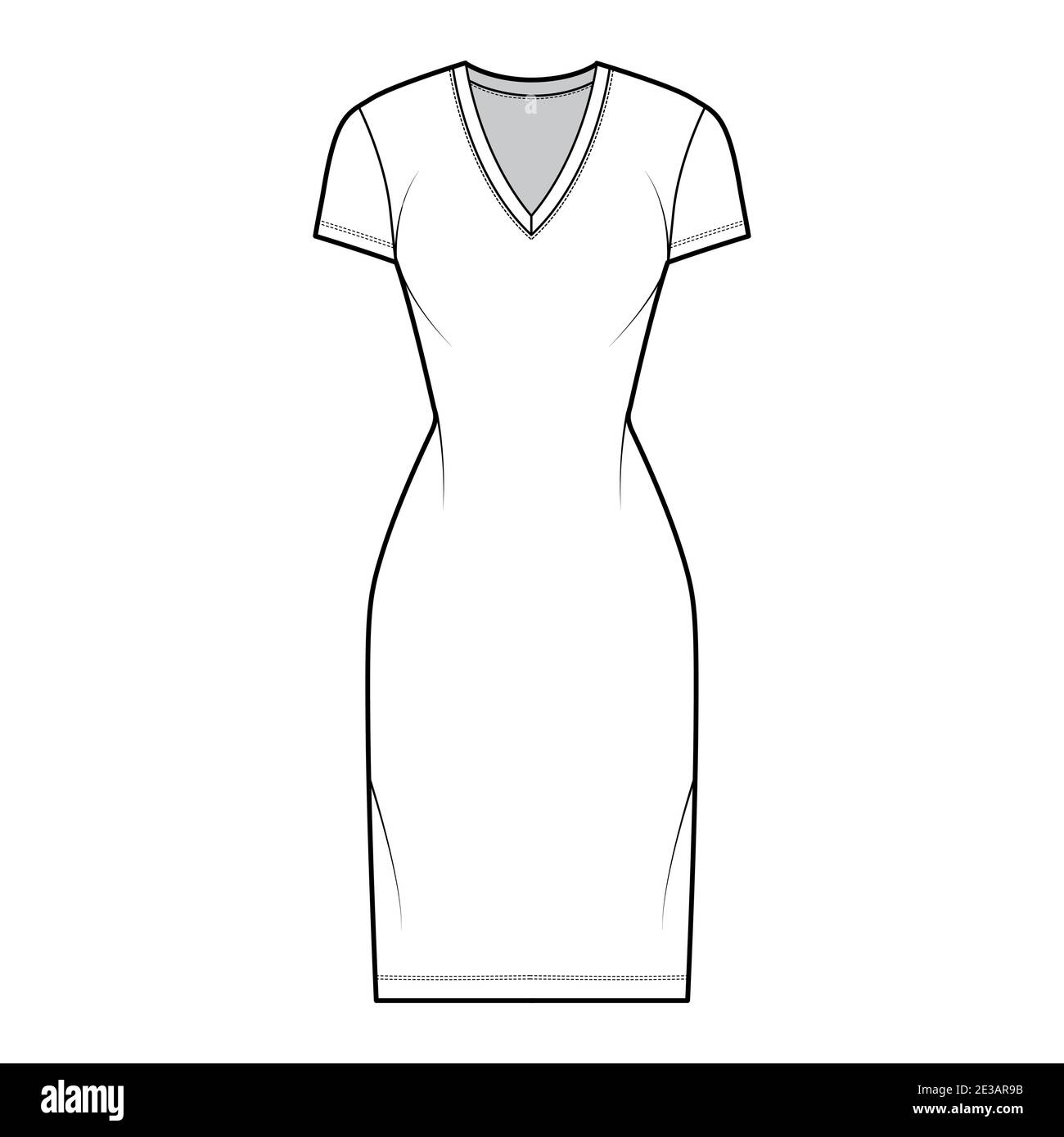 T-shirt dress technical fashion illustration with V-neck, short sleeves, knee length, fitted body, Pencil fullness. Flat apparel template front, white color. Women, men, unisex CAD mockup Stock Vector