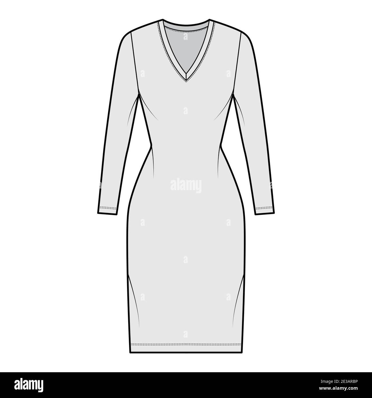 T-shirt dress technical fashion illustration with V-neck, long sleeves, knee length, fitted body, Pencil fullness. Flat apparel template front, grey color. Women, men, unisex CAD mockup Stock Vector
