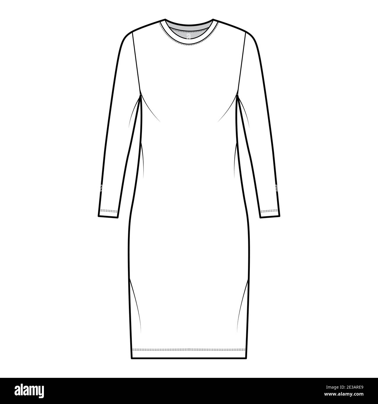 T-shirt dress technical fashion illustration with crew neck, long sleeves, knee length, oversized, Pencil fullness. Flat apparel template front, white color. Women, men, unisex CAD mockup Stock Vector