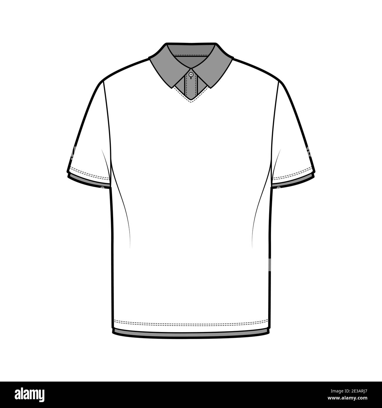 Double t-shirt technical fashion illustration with short sleeves, tunic length, henley neck, oversized, flat knit collar. Apparel top outwear template front, white color. Women men unisex CAD mockup Stock Vector