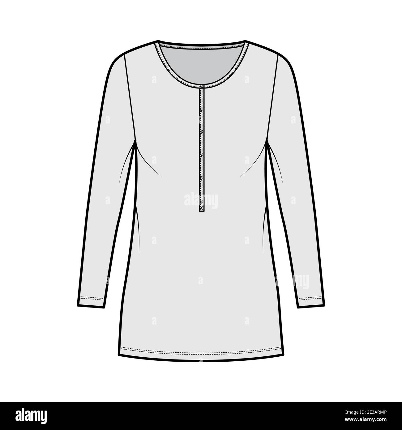 Shirt dress mini technical fashion illustration with henley neck, long sleeves, oversized, Pencil fullness, stretch jersey. Flat apparel template front, grey color. Women, men, unisex CAD mockup Stock Vector