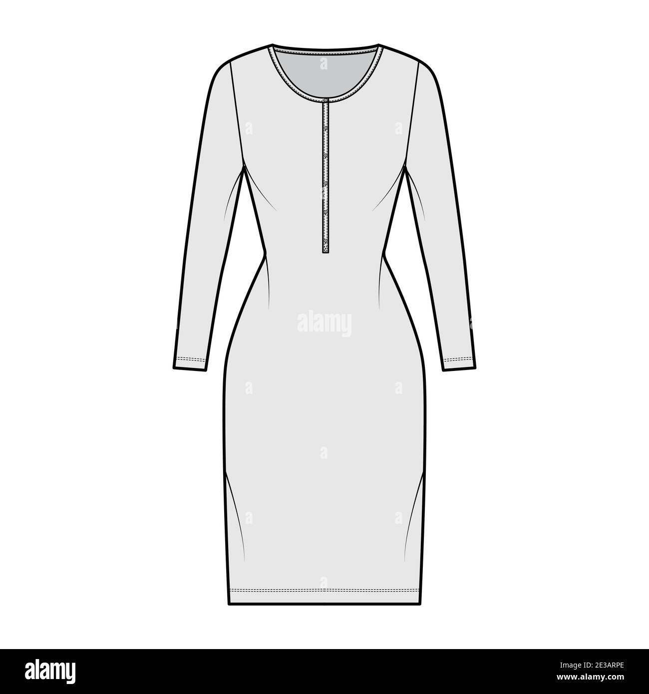 Shirt dress technical fashion illustration with henley neck, long sleeves, knee length, fitted body, Pencil fullness. Flat apparel template front, grey color. Women, men, unisex CAD mockup Stock Vector