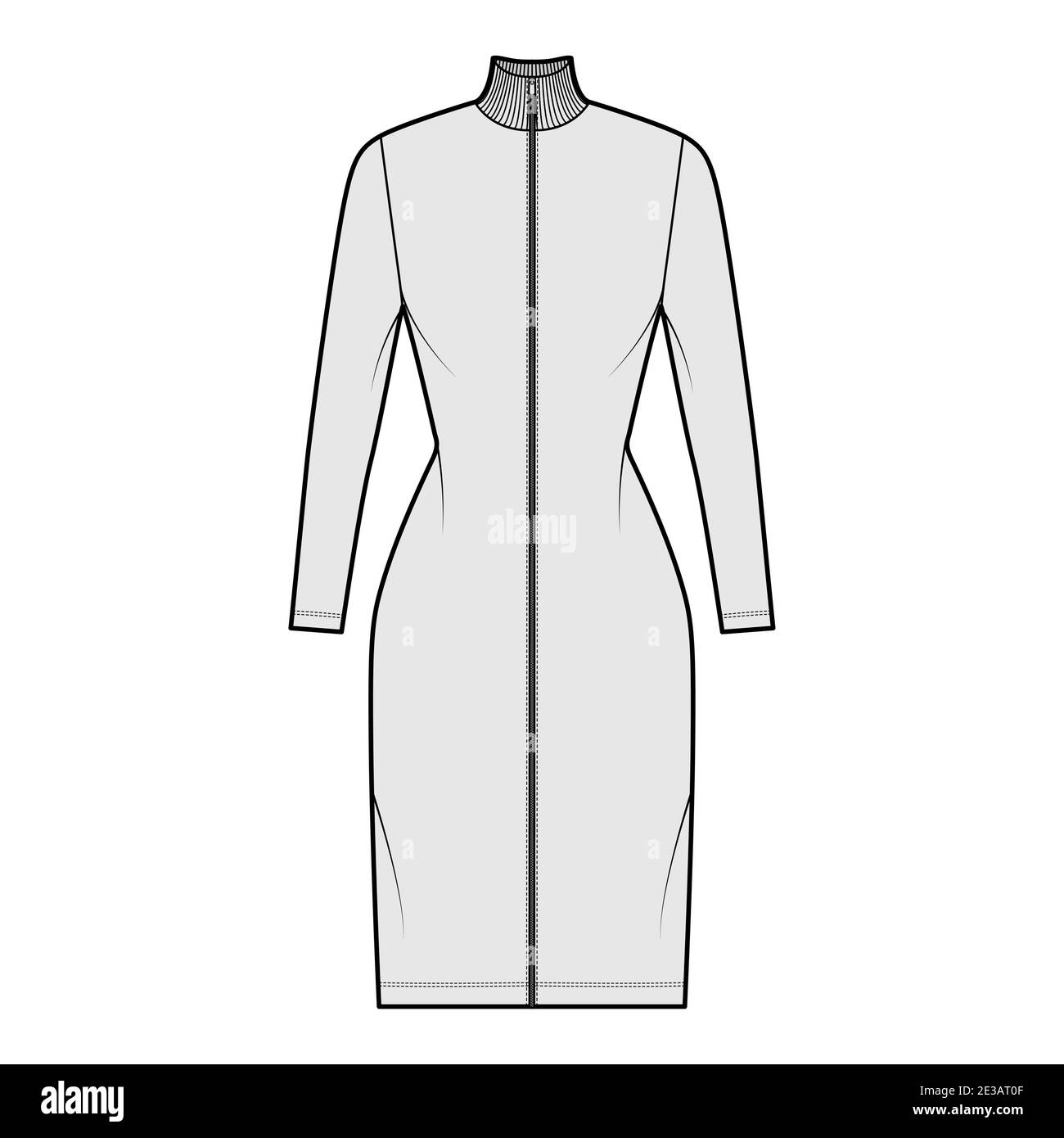 Turtleneck zip-up dress technical fashion illustration with long sleeves, knee length, fitted body, Pencil fullness. Flat apparel template front, grey color. Women, men, unisex CAD mockup Stock Vector
