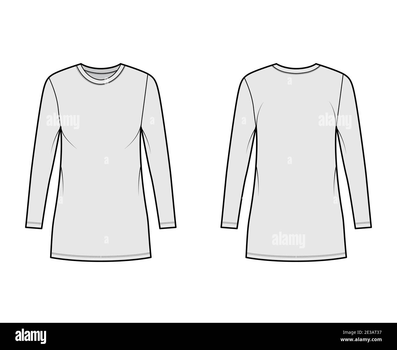 T-shirt dress technical fashion illustration with crew neck, long sleeves, mini length, oversized, Pencil fullness. Flat apparel template front, back, grey color. Women, men, unisex CAD mockup Stock Vector