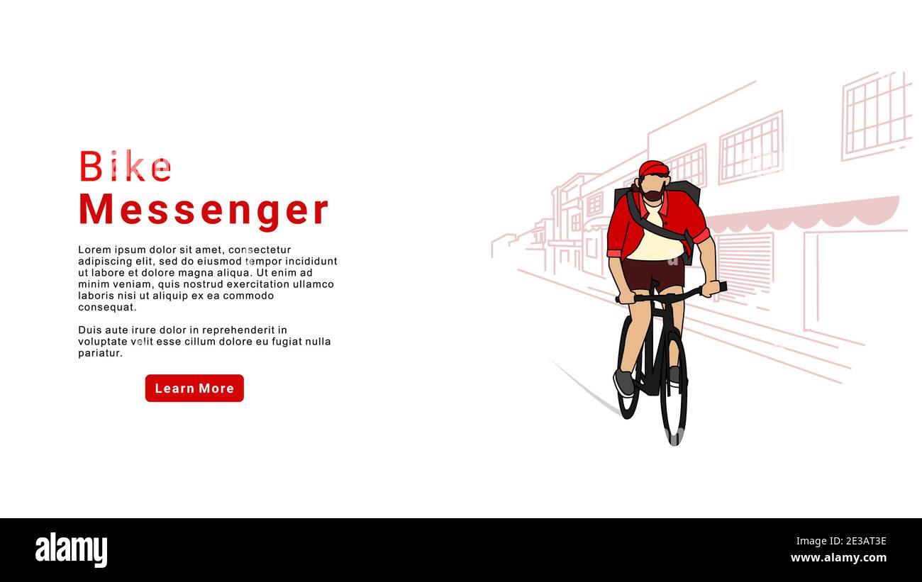 Bicycle delivery logistics courier. Bike messenger bearded male character hipster style. Bike messenger. Landing page. Trendy Character Design Illustr Stock Vector