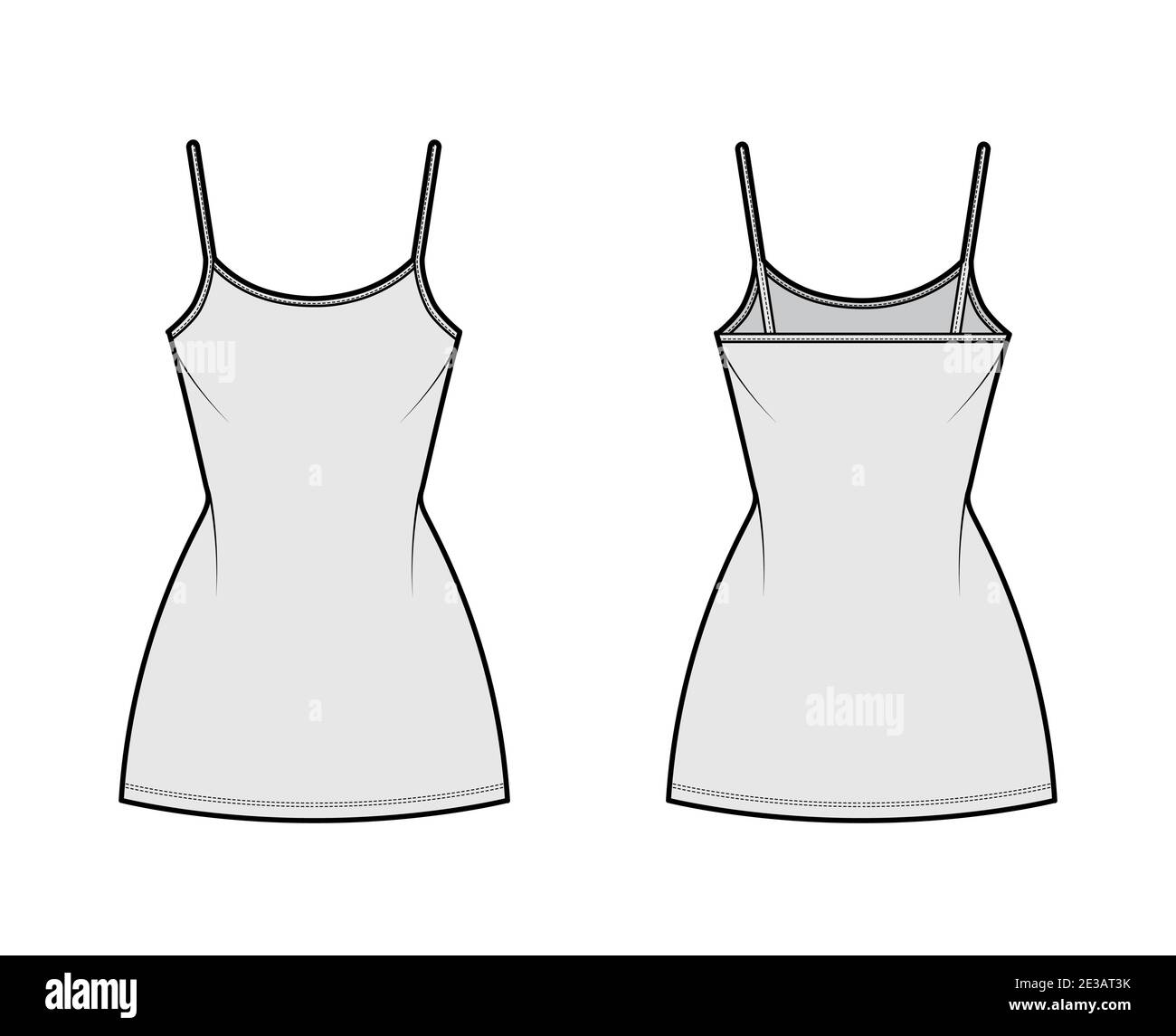 Camisole dress technical fashion illustration with scoop neck, straps, mini  length, fitted body, Pencil fullness. Flat apparel template front, back,  white, grey color. Women, men, unisex CAD mockup Stock Vector Image 