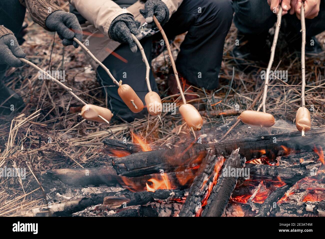 People frying barbecue sausages on the fire. Bonfire in the autumn forest. Campfire travel trip food Stock Photo