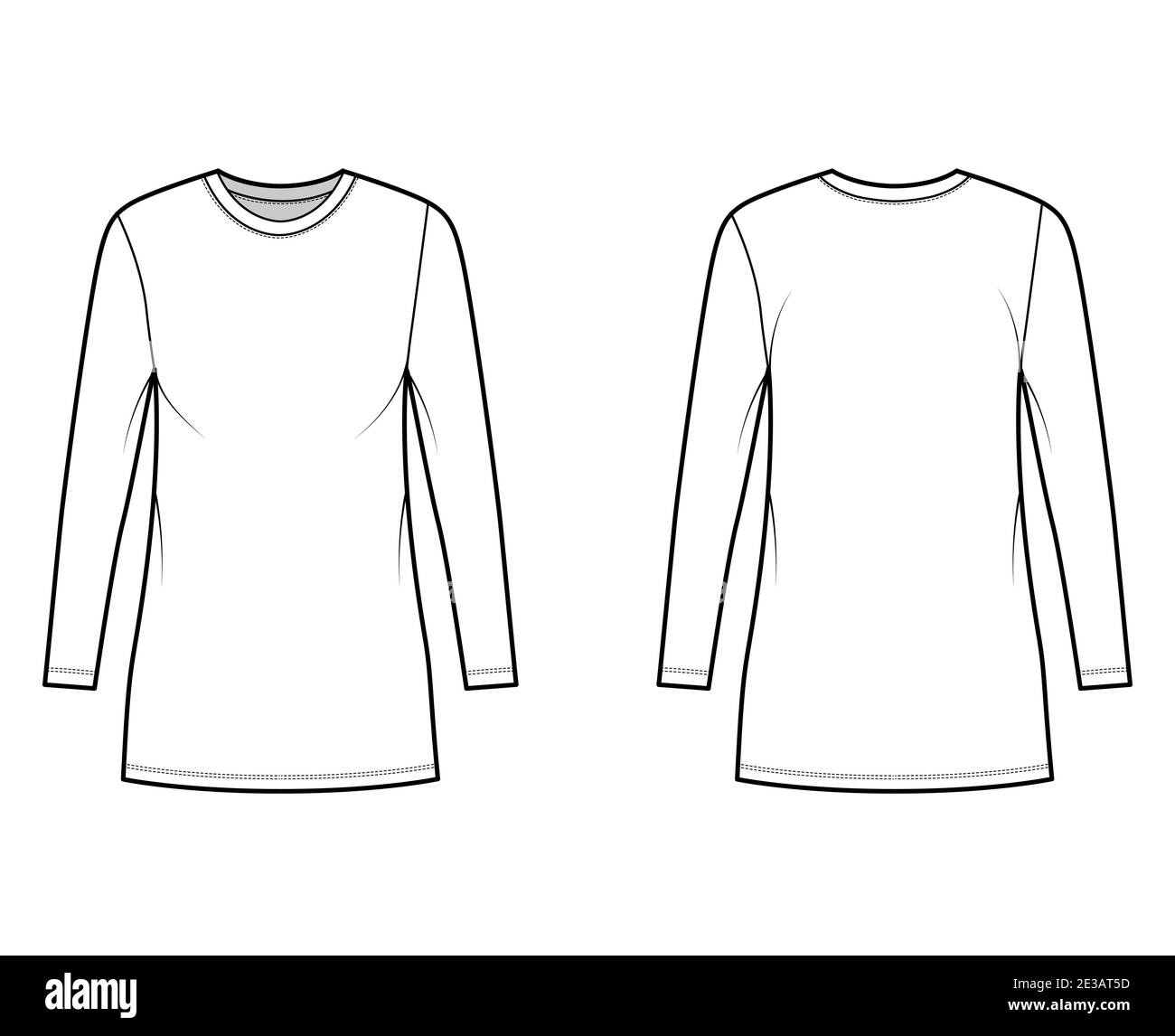 T-shirt dress technical fashion illustration with crew neck, long sleeves, mini length, oversized, Pencil fullness. Flat apparel template front, back, white color. Women, men, unisex CAD mockup Stock Vector