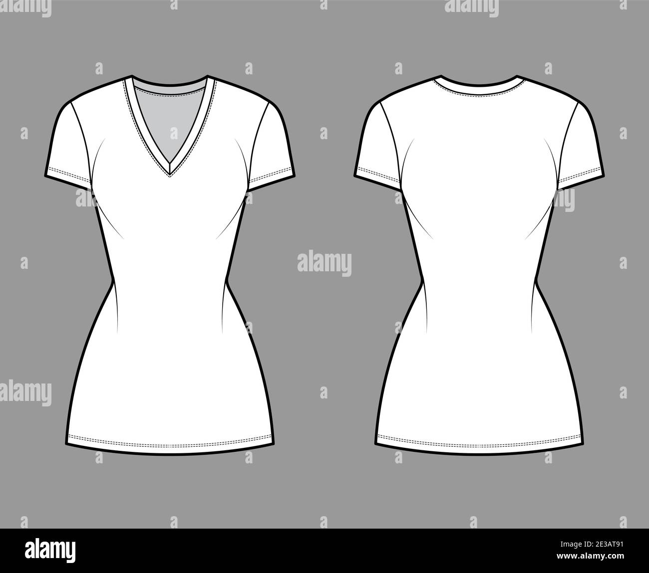 T-shirt dress technical fashion illustration with V-neck, short sleeves, mini length, fitted body, Pencil fullness. Flat apparel template front, back, white color. Women, men, unisex CAD mockup Stock Vector