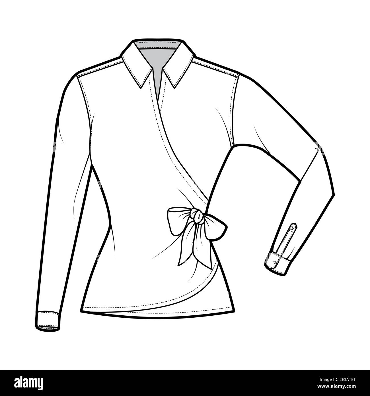 Shirt wrap technical fashion illustration with bow tie closure, elbow  folded long sleeves, classic collar, fitted