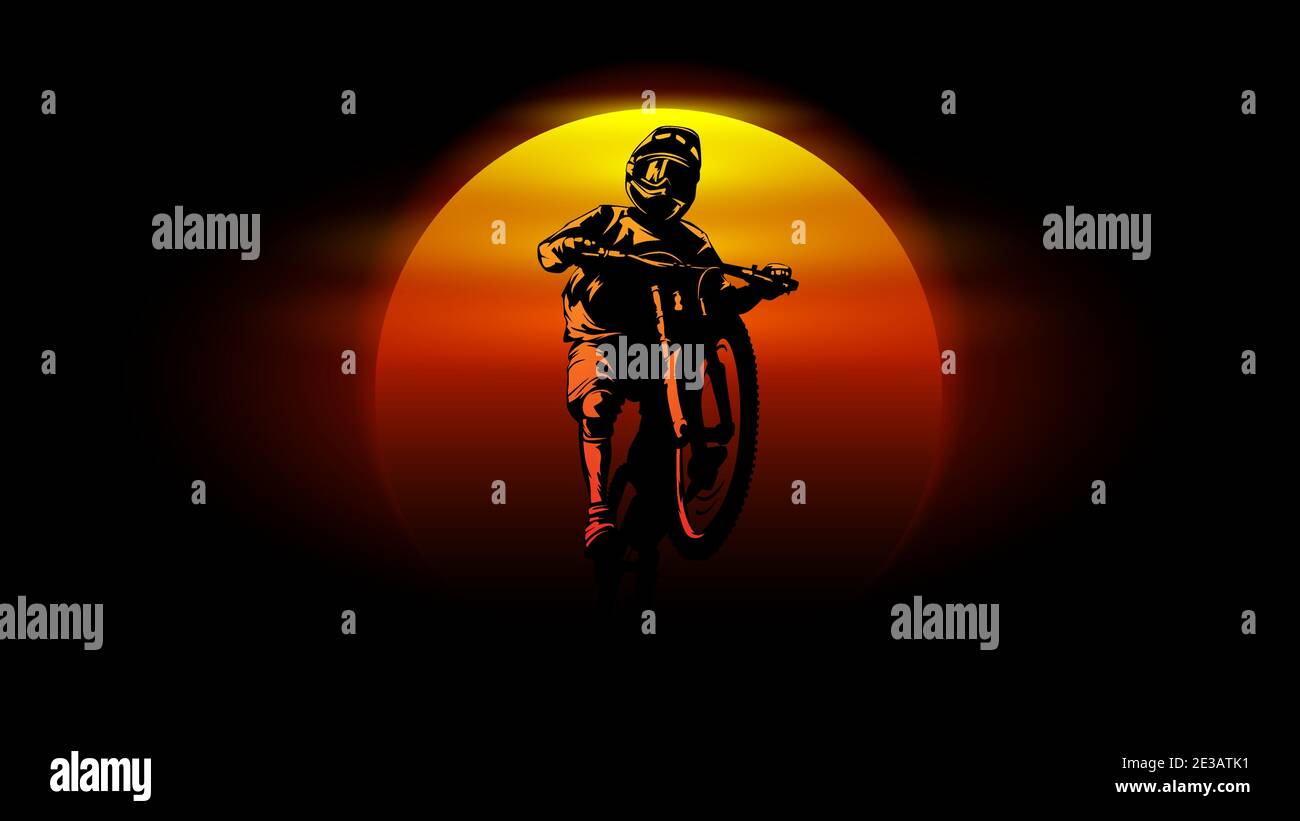 isolated mtb biker sump sunset background vector illustration Stock Vector